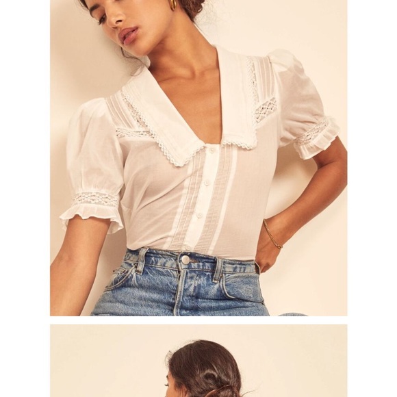 Reformation Tops - Hara top - Reformation - Medium | Elegant White Lace Trim Blouse